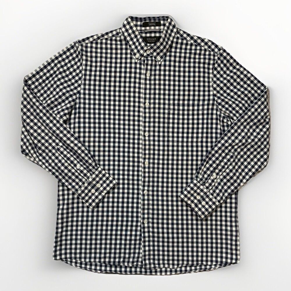 Nordstrom Men’s Regular Fit Dress Shirt Button Down Size Large Black White Plaid
